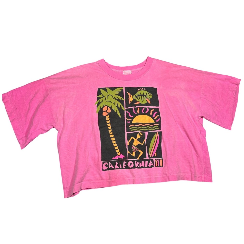 Vintage 80s THU California Graphic Crop Top Pink Beach Surfer T-Shirt Womens L